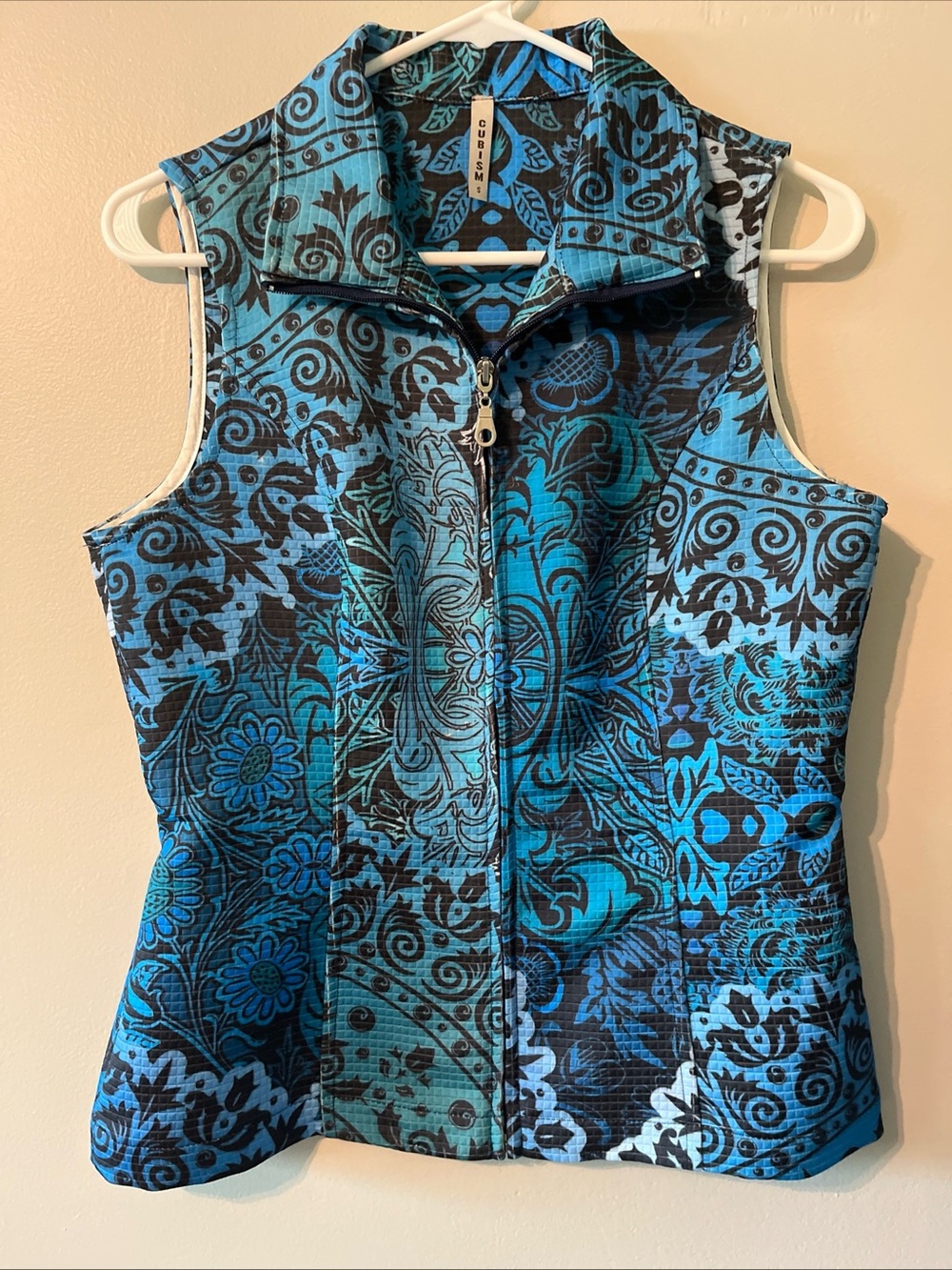 Women’s Cubism Blue Black Teal Zip Up Tank Top Small Artsy Colorful